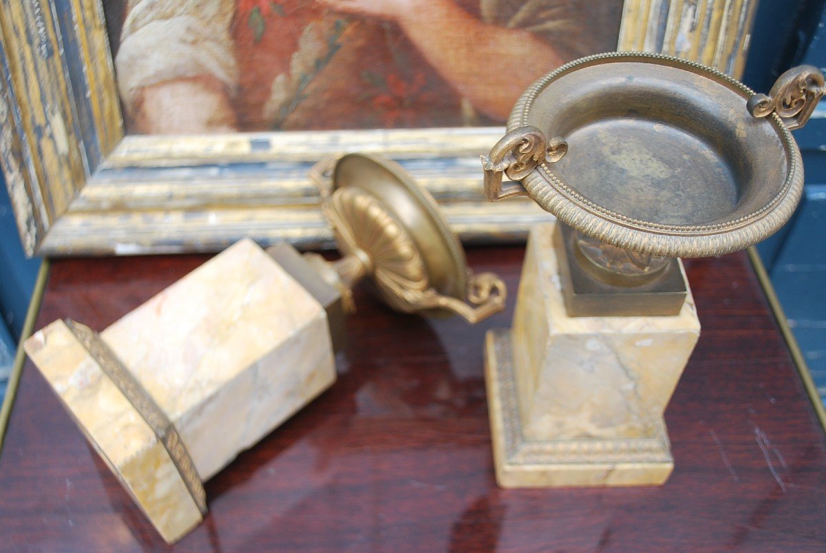 Pair Of Bronze And Marble Empty Pocket Cups From The 19th Century Restoration Period-photo-3