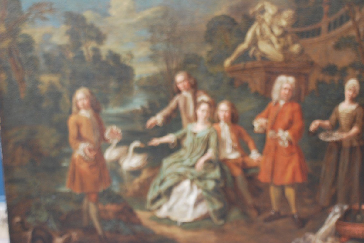 Important And Large Canvas Family Portrait Early 18th Regence Signed By Van Aken