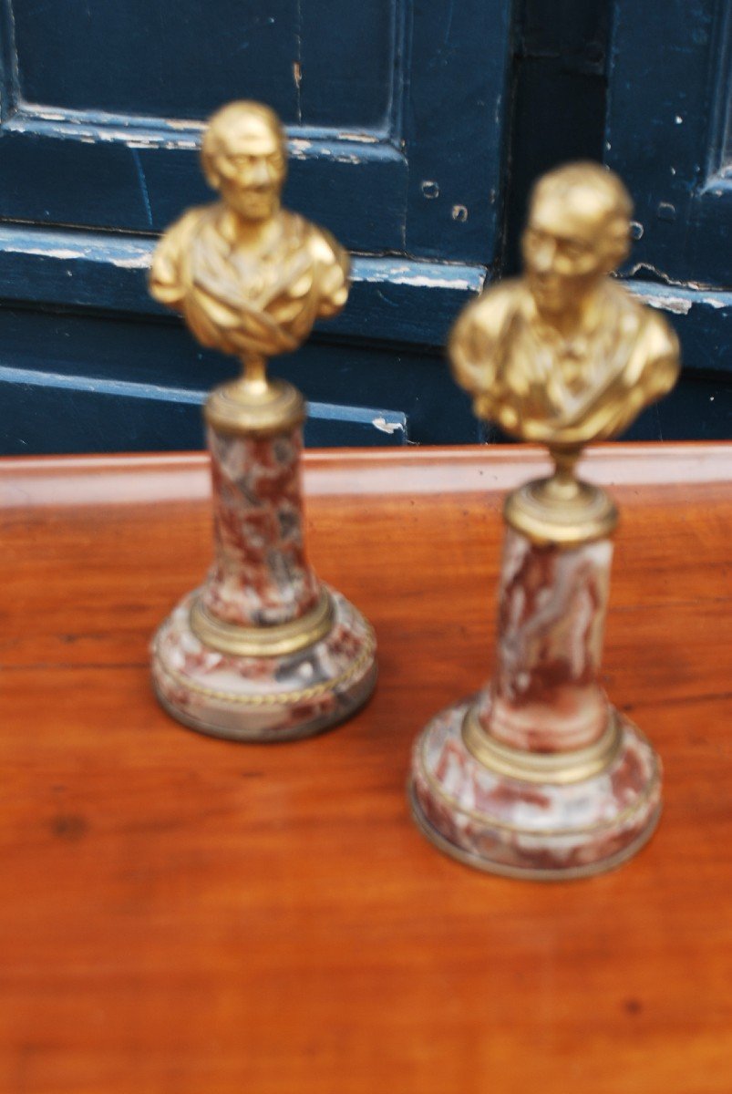 Pair Of Bronze And Marble Busts Representative Voltaire And Montesqieu-photo-2