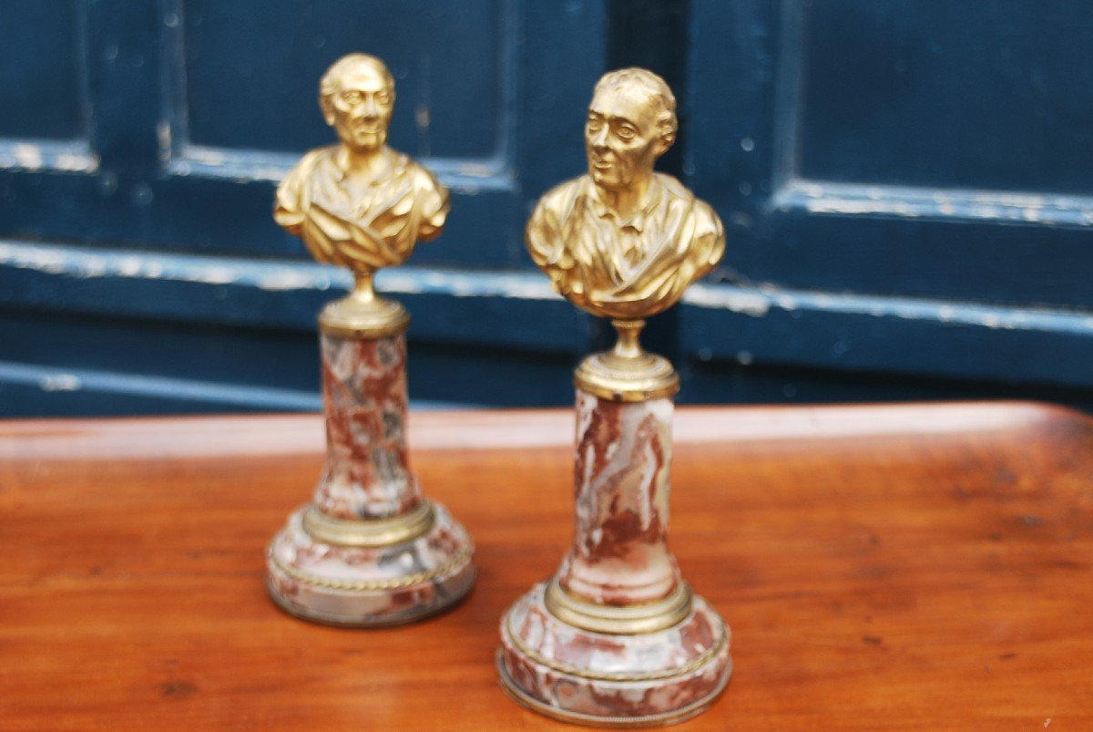 Pair Of Bronze And Marble Busts Representative Voltaire And Montesqieu-photo-3