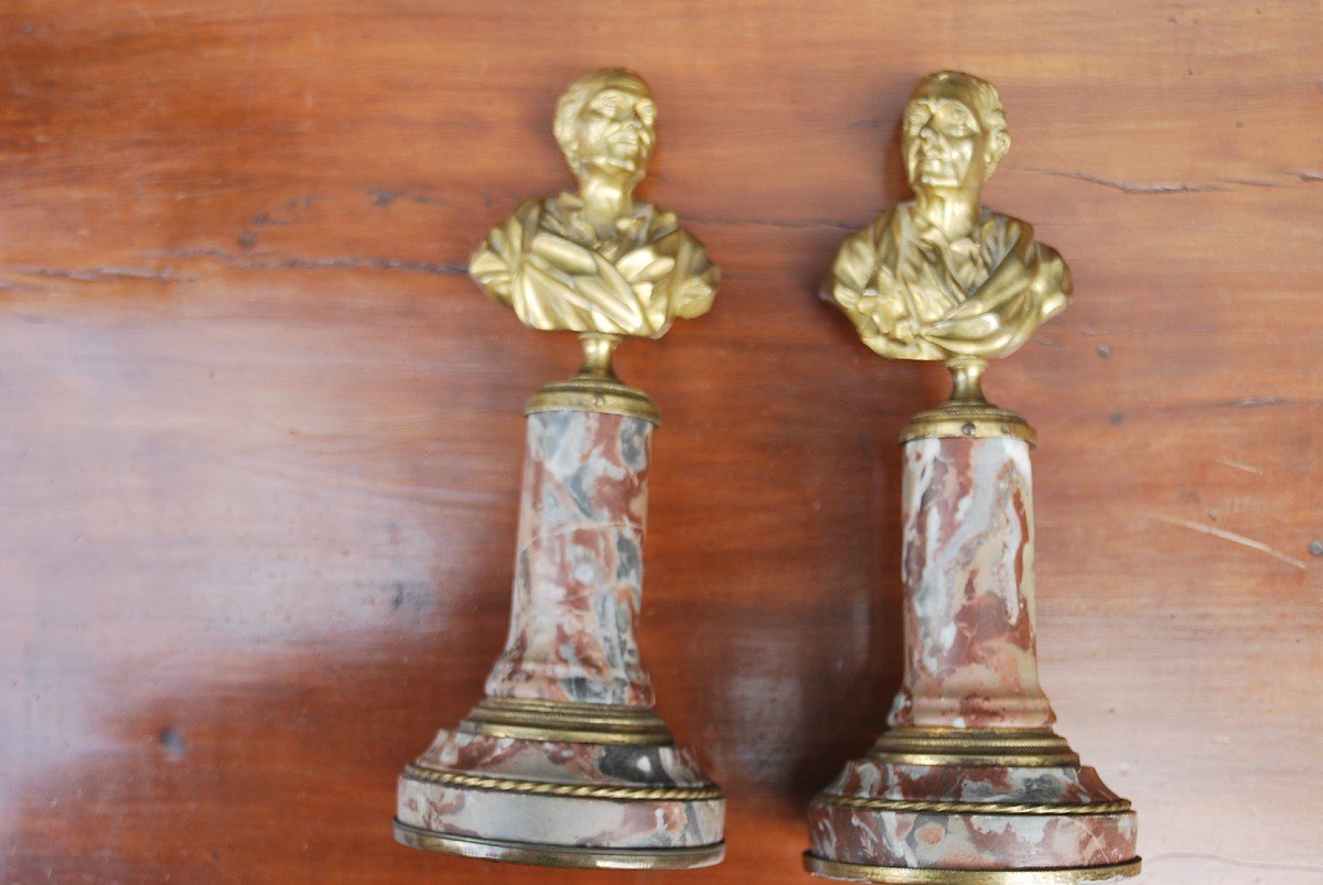 Pair Of Bronze And Marble Busts Representative Voltaire And Montesqieu-photo-4