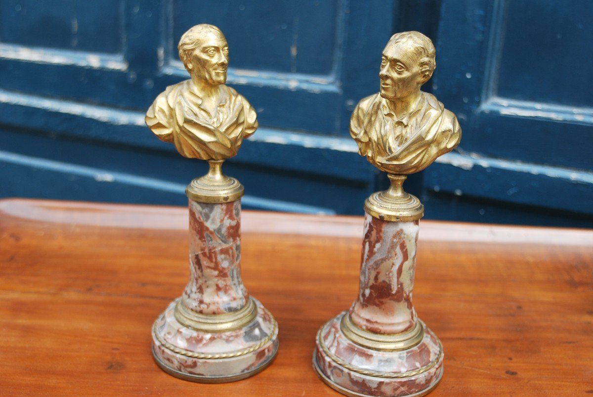 Pair Of Bronze And Marble Busts Representative Voltaire And Montesqieu-photo-3