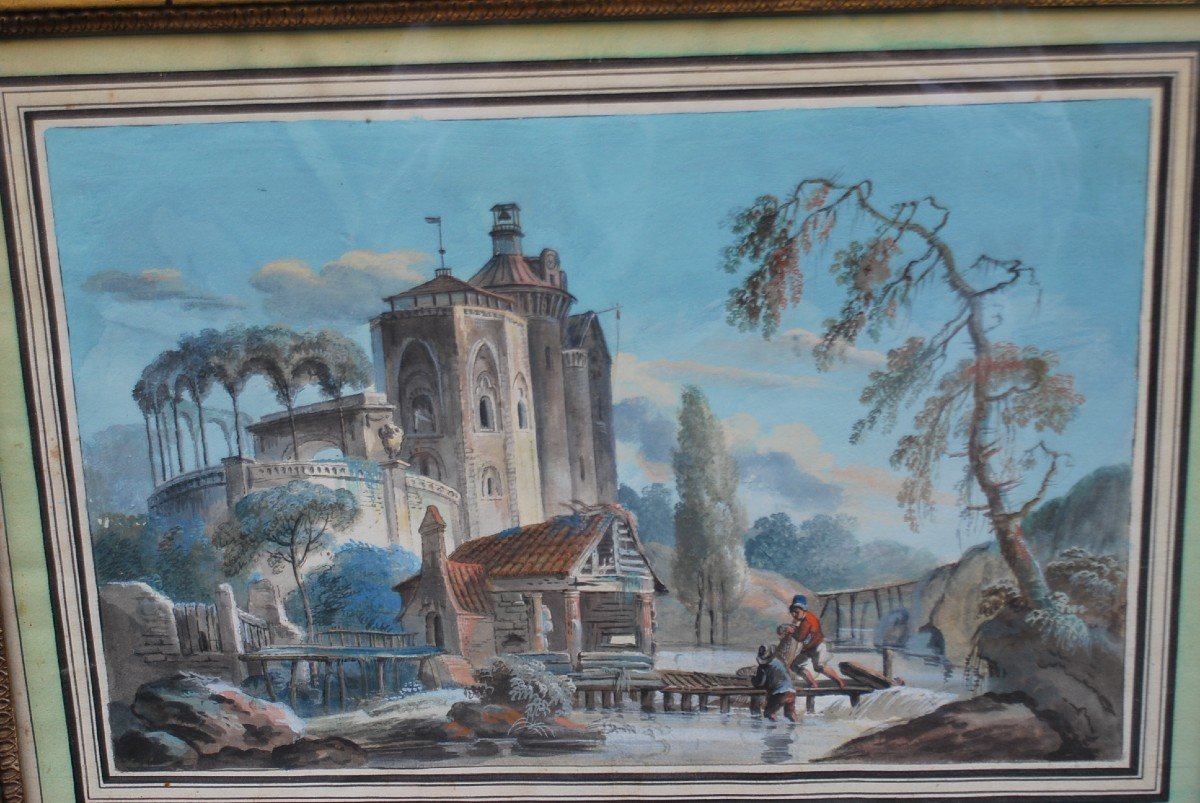 XVIII Gouache School With Palace In Landscape, Signed -photo-2