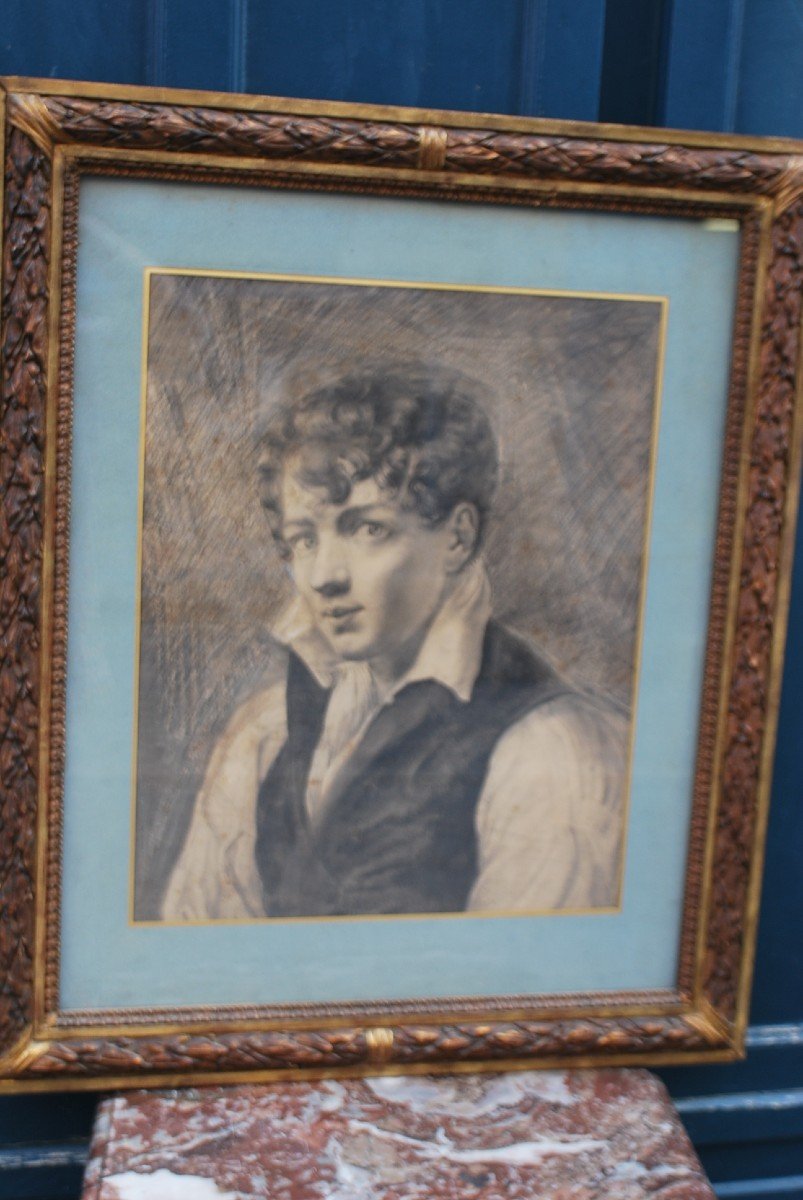 Beau Fusain Et Crayon Portrait De Jeune  Homme XIX-photo-2