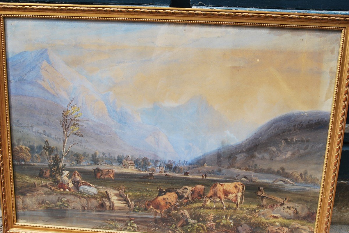 Large Watercolor And Gouache Early 19th Century Switzerland-photo-3