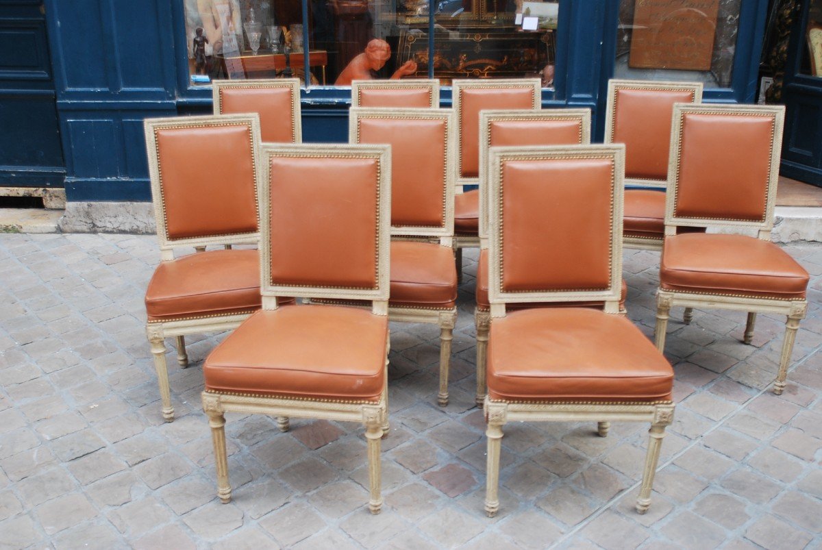 Suite Of 10 Chairs In Relacquered Wood And Louis XVI Leather-photo-2