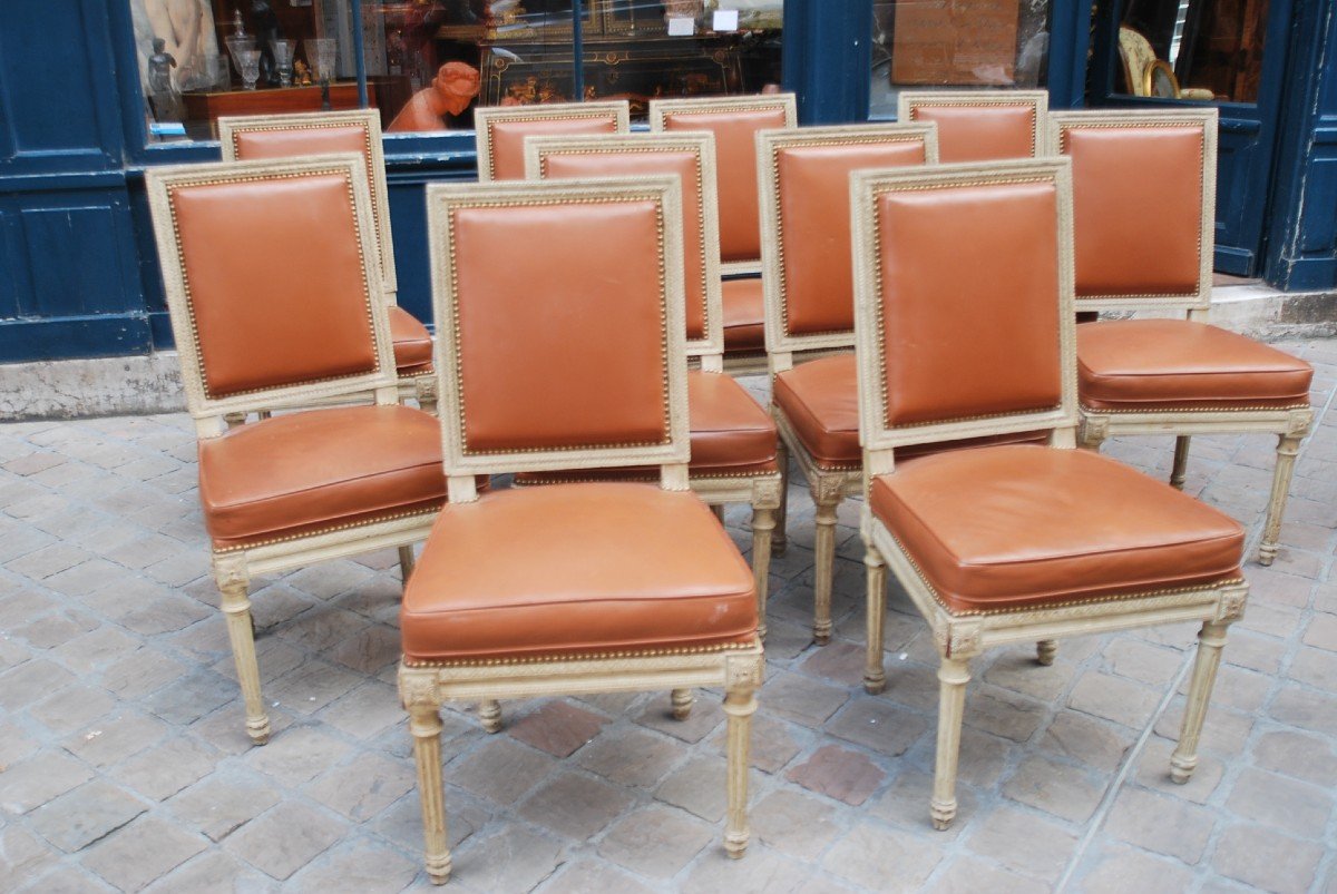 Suite Of 10 Chairs In Relacquered Wood And Louis XVI Leather-photo-4