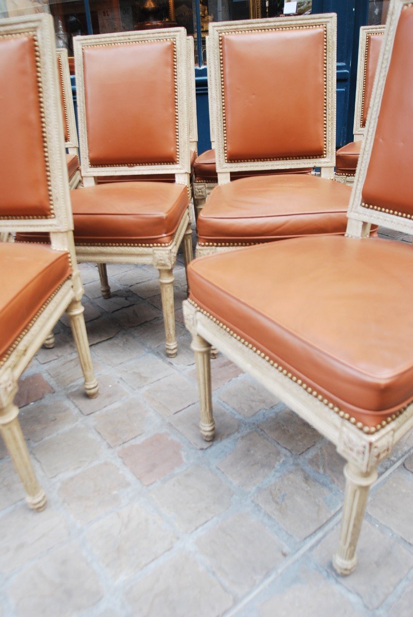 Suite Of 10 Chairs In Relacquered Wood And Louis XVI Leather-photo-1