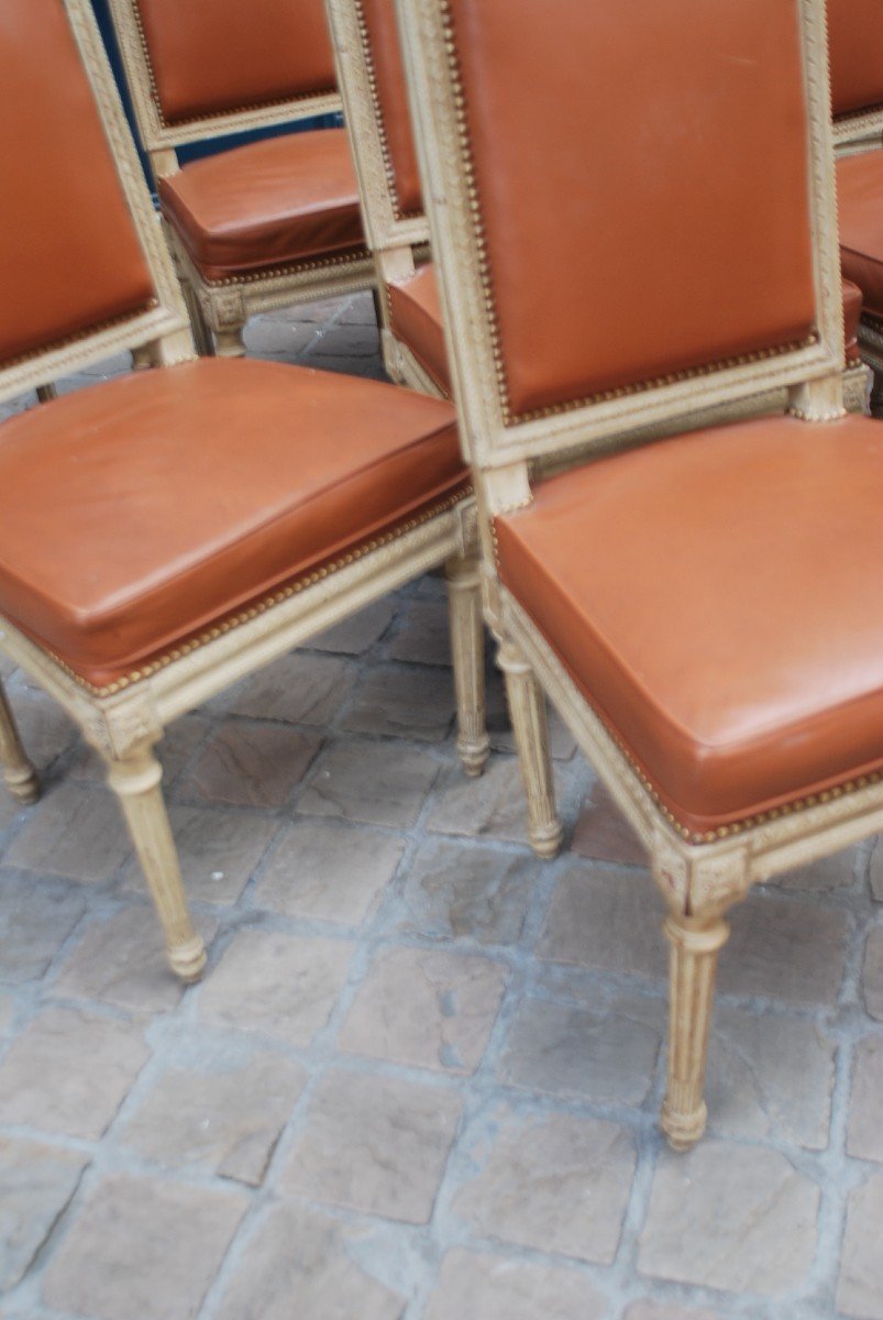 Suite Of 10 Chairs In Relacquered Wood And Louis XVI Leather-photo-5