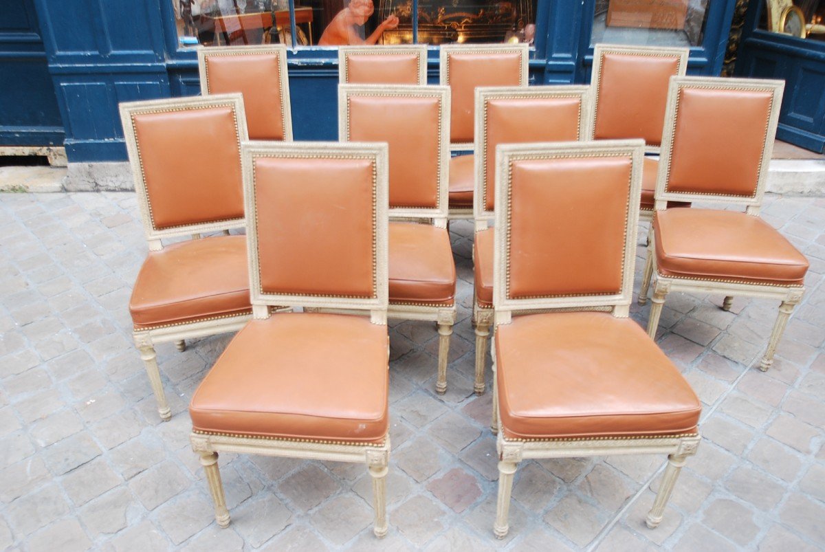 Suite Of 10 Chairs In Relacquered Wood And Louis XVI Leather-photo-6