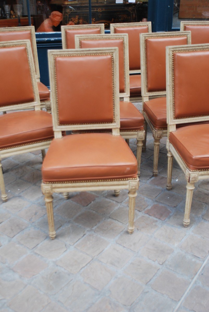 Suite Of 10 Chairs In Relacquered Wood And Louis XVI Leather