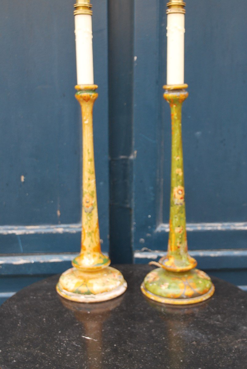 Pair Of Painted Wood Candlesticks England-photo-3