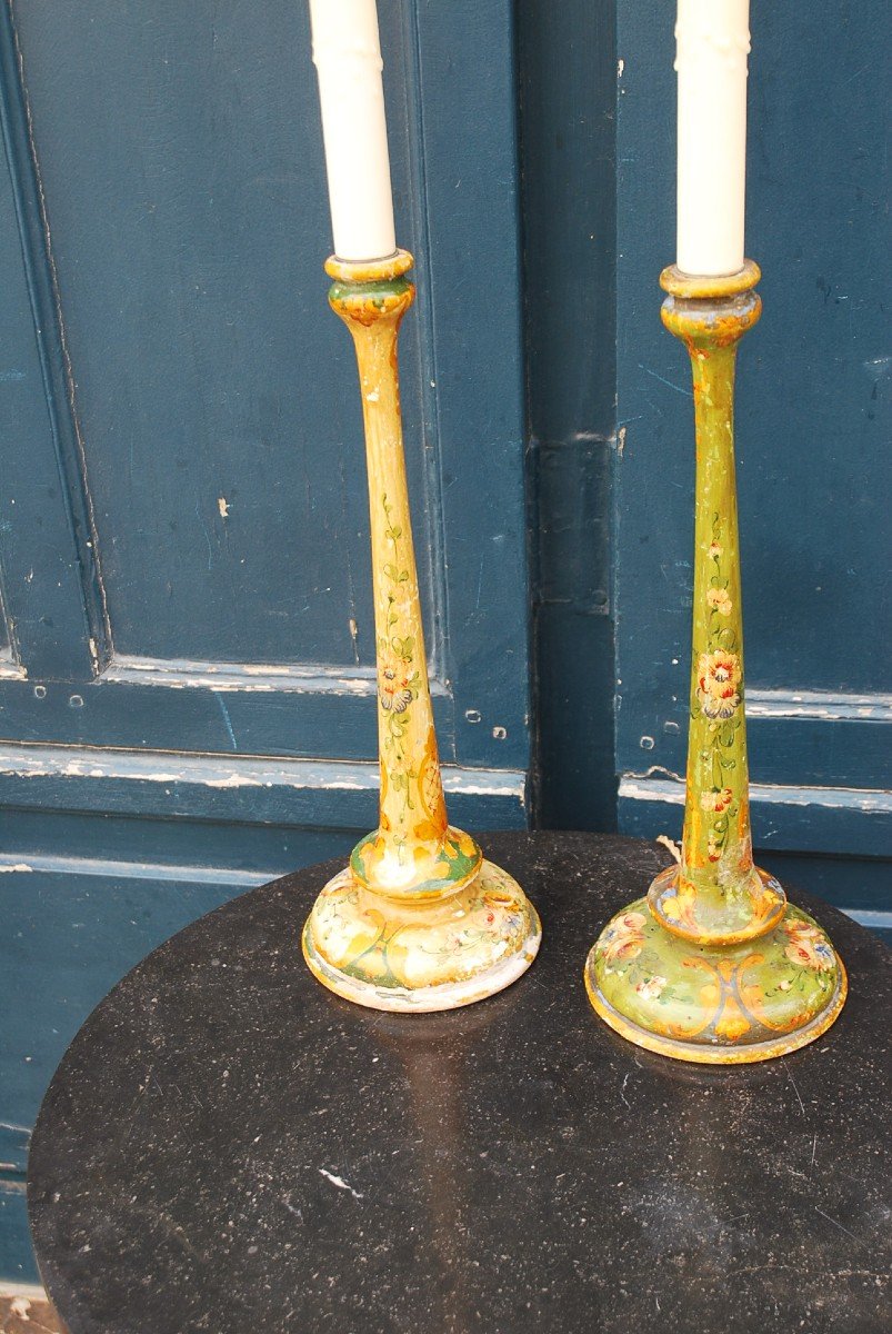 Pair Of Painted Wood Candlesticks England-photo-4