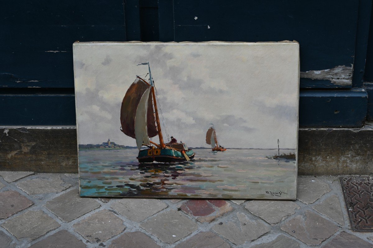 Barge, Dutch School, Oil On Canvas-photo-2