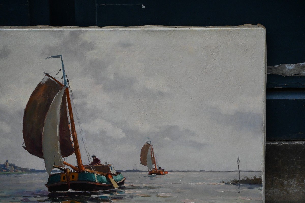 Barge, Dutch School, Oil On Canvas-photo-3