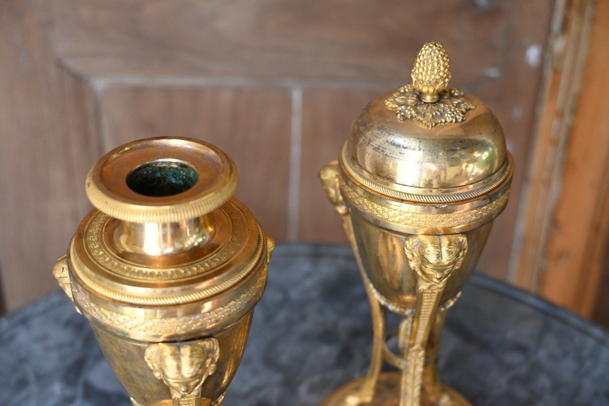 Pair Of Bronze Cassolettes And Candlesticks From The 18th Directoire Period-photo-2