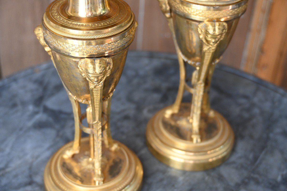 Pair Of Bronze Cassolettes And Candlesticks From The 18th Directoire Period-photo-3