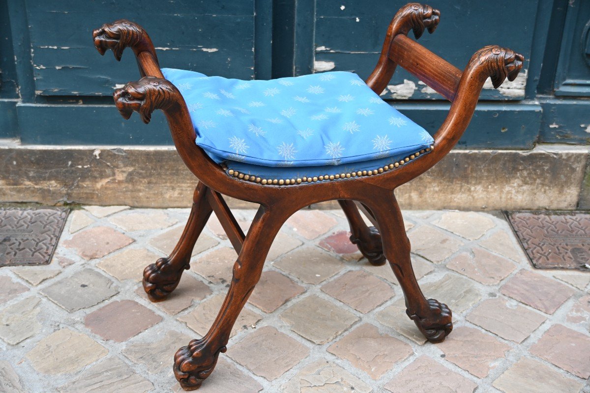 Walnut Curule Stool, 19th Empire