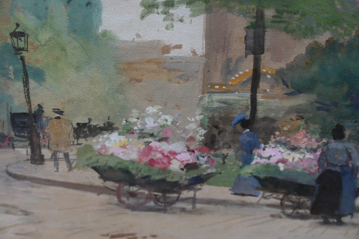 The Flower Sellers Gouache, Signed By V Gilbert-photo-3