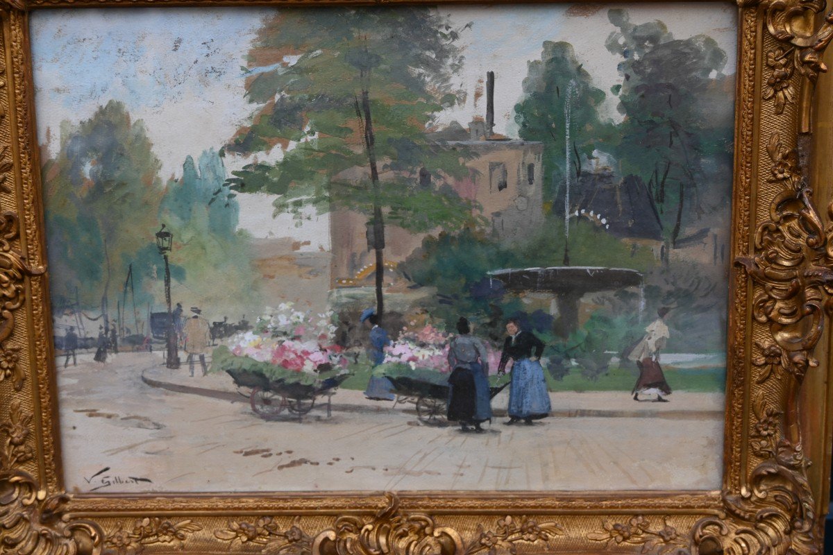 The Flower Sellers Gouache, Signed By V Gilbert-photo-6