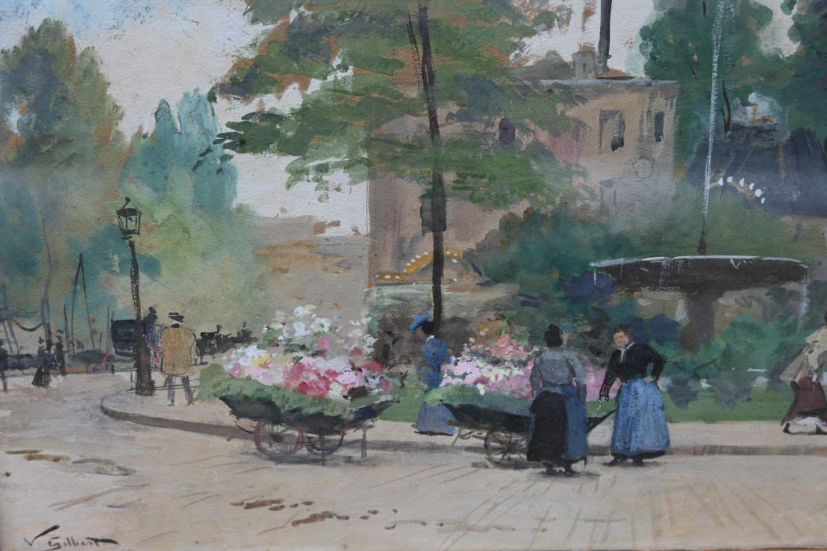 The Flower Sellers Gouache, Signed By V Gilbert