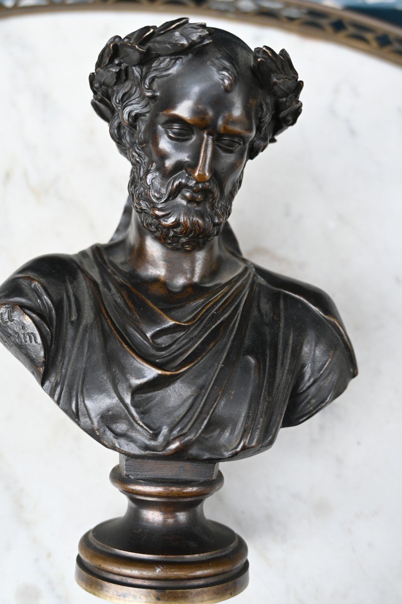 Small Bronze Bust Of A Man In Antique Style After Mathurin Moreau