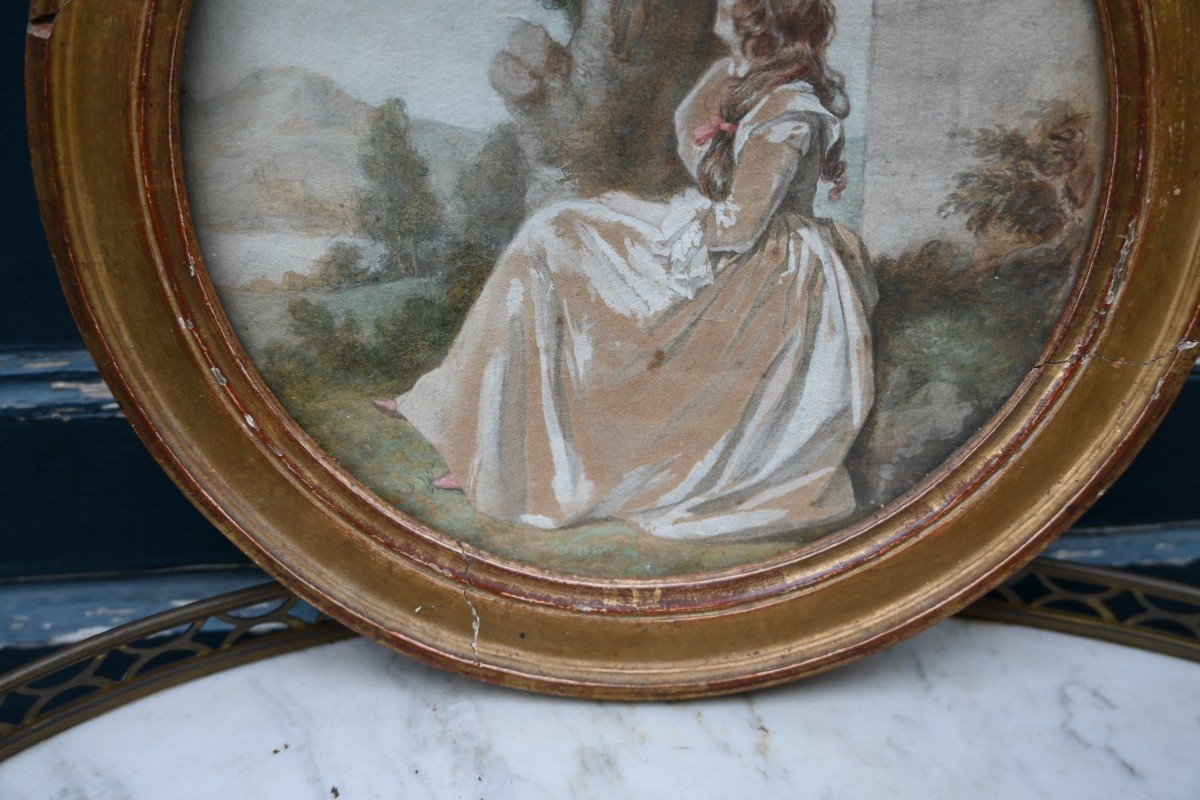 Gouache  Jeune Femme Dans Un Parc , Tondo D époque Louis XVI-photo-2