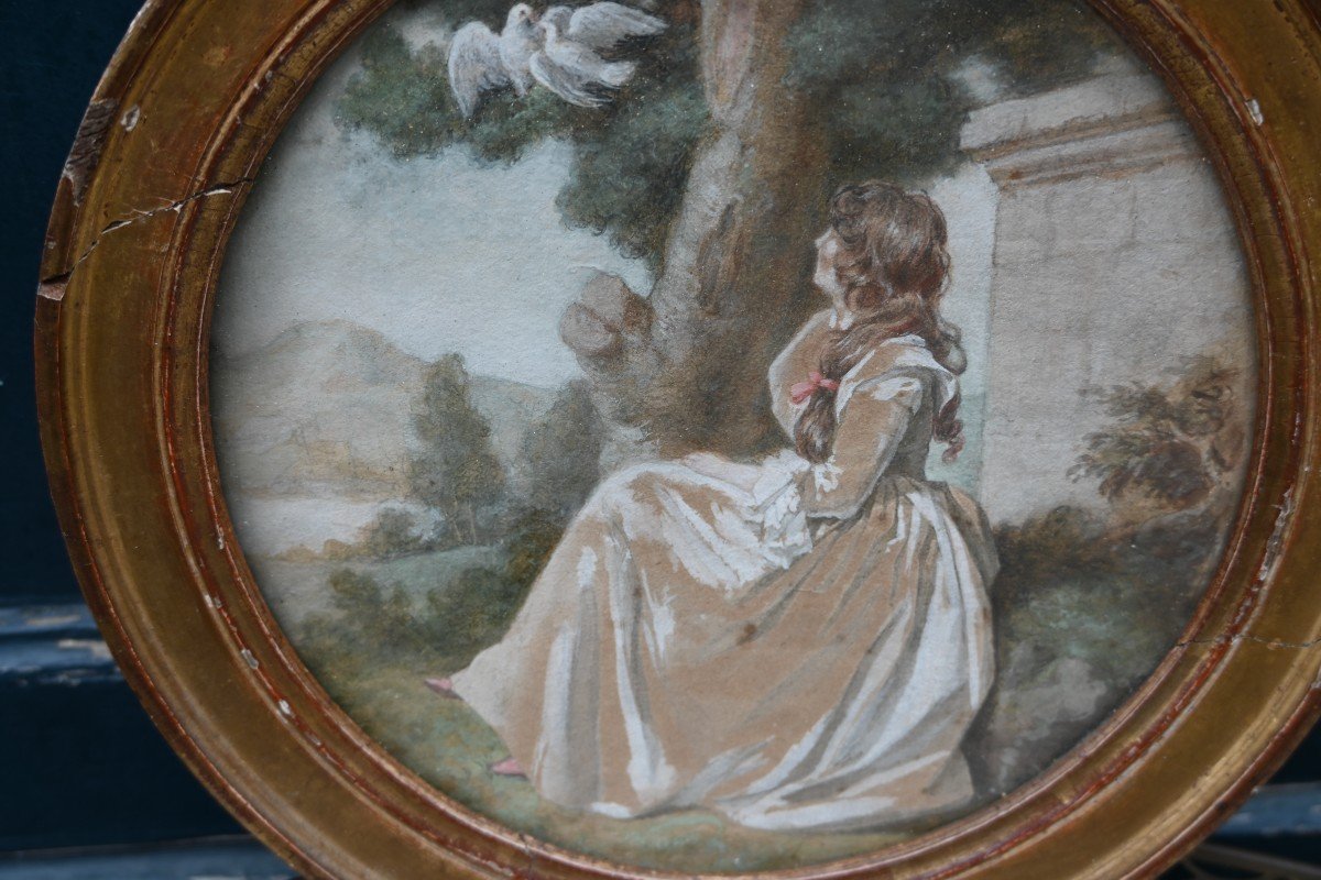 Gouache  Jeune Femme Dans Un Parc , Tondo D époque Louis XVI-photo-3