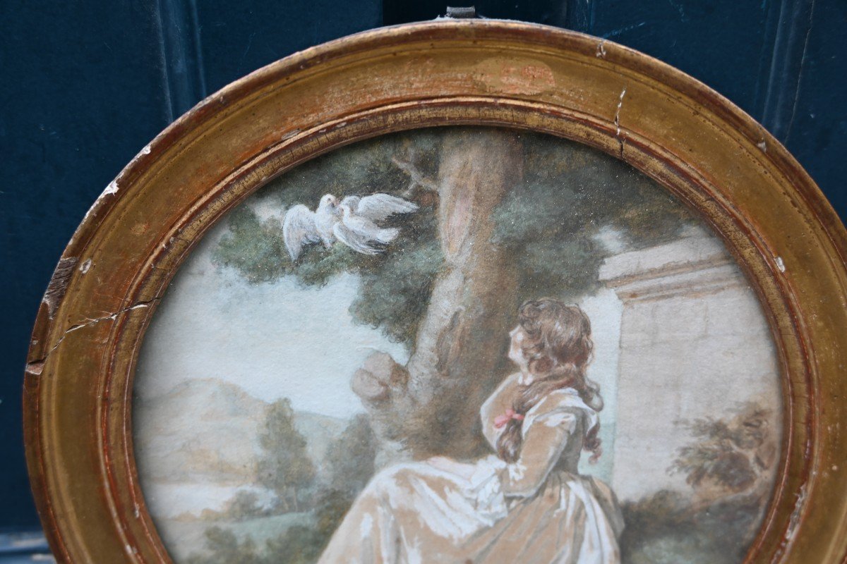 Gouache  Jeune Femme Dans Un Parc , Tondo D époque Louis XVI-photo-4