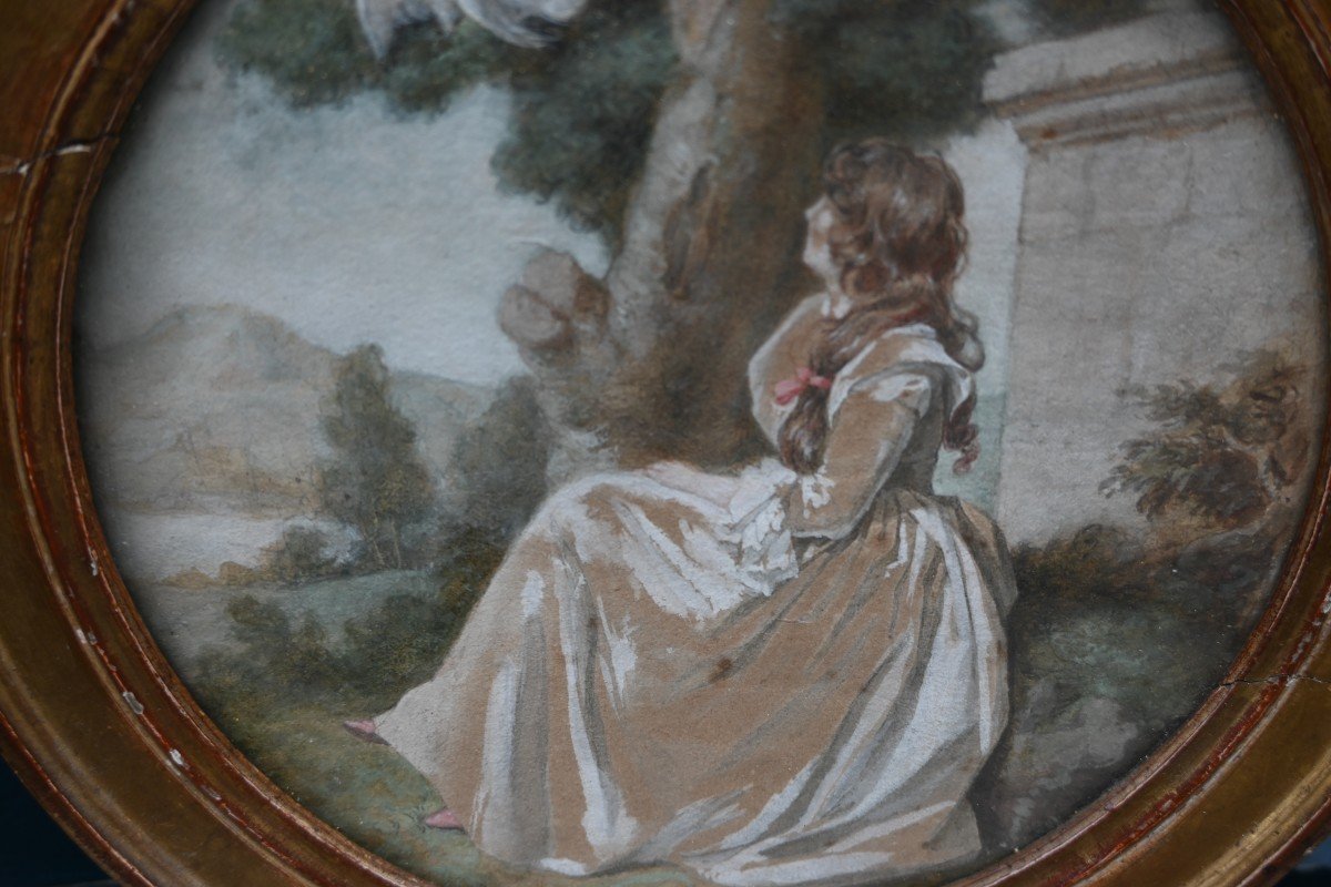 Gouache  Jeune Femme Dans Un Parc , Tondo D époque Louis XVI-photo-1