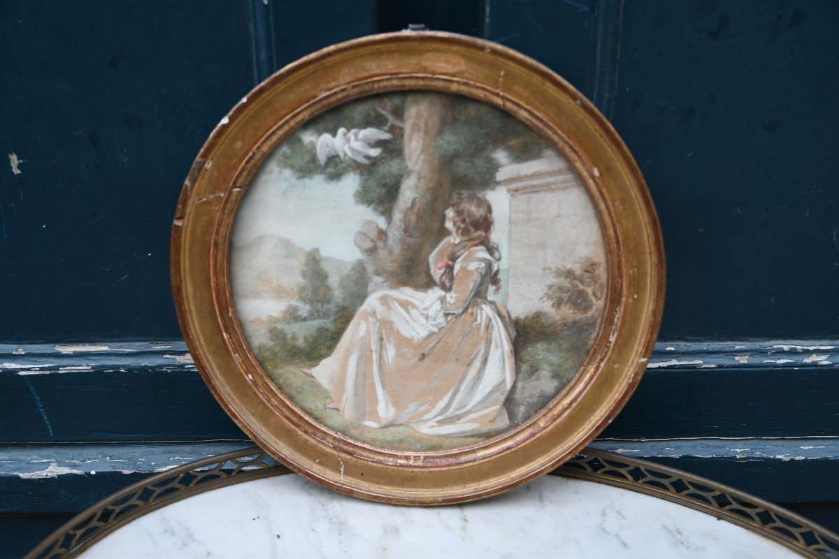 Gouache  Jeune Femme Dans Un Parc , Tondo D époque Louis XVI-photo-2