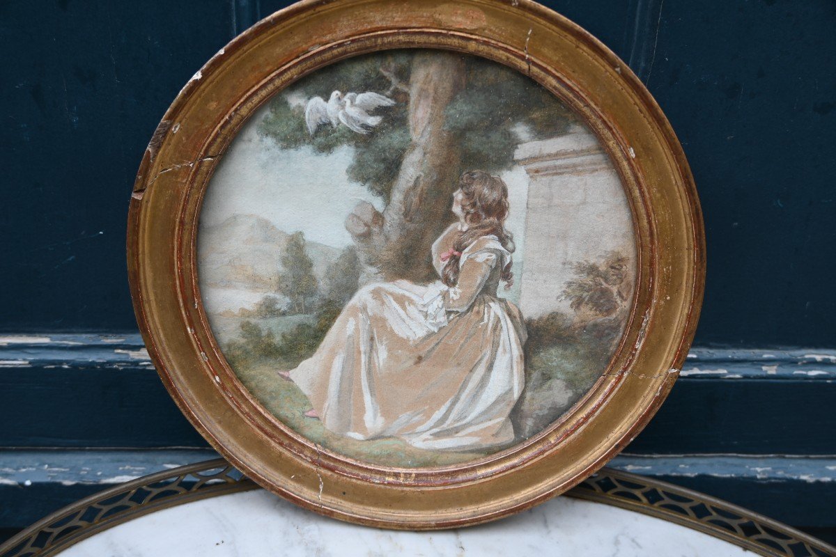 Gouache  Jeune Femme Dans Un Parc , Tondo D époque Louis XVI-photo-3