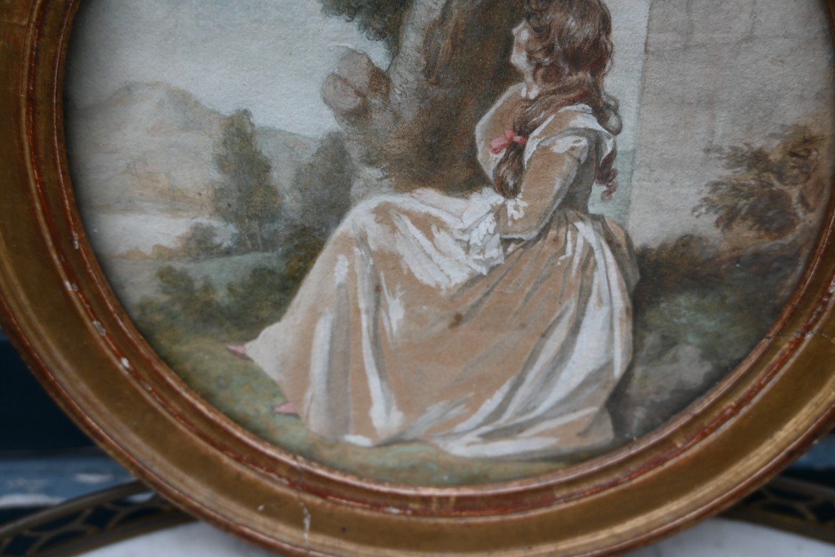 Gouache  Jeune Femme Dans Un Parc , Tondo D époque Louis XVI-photo-4