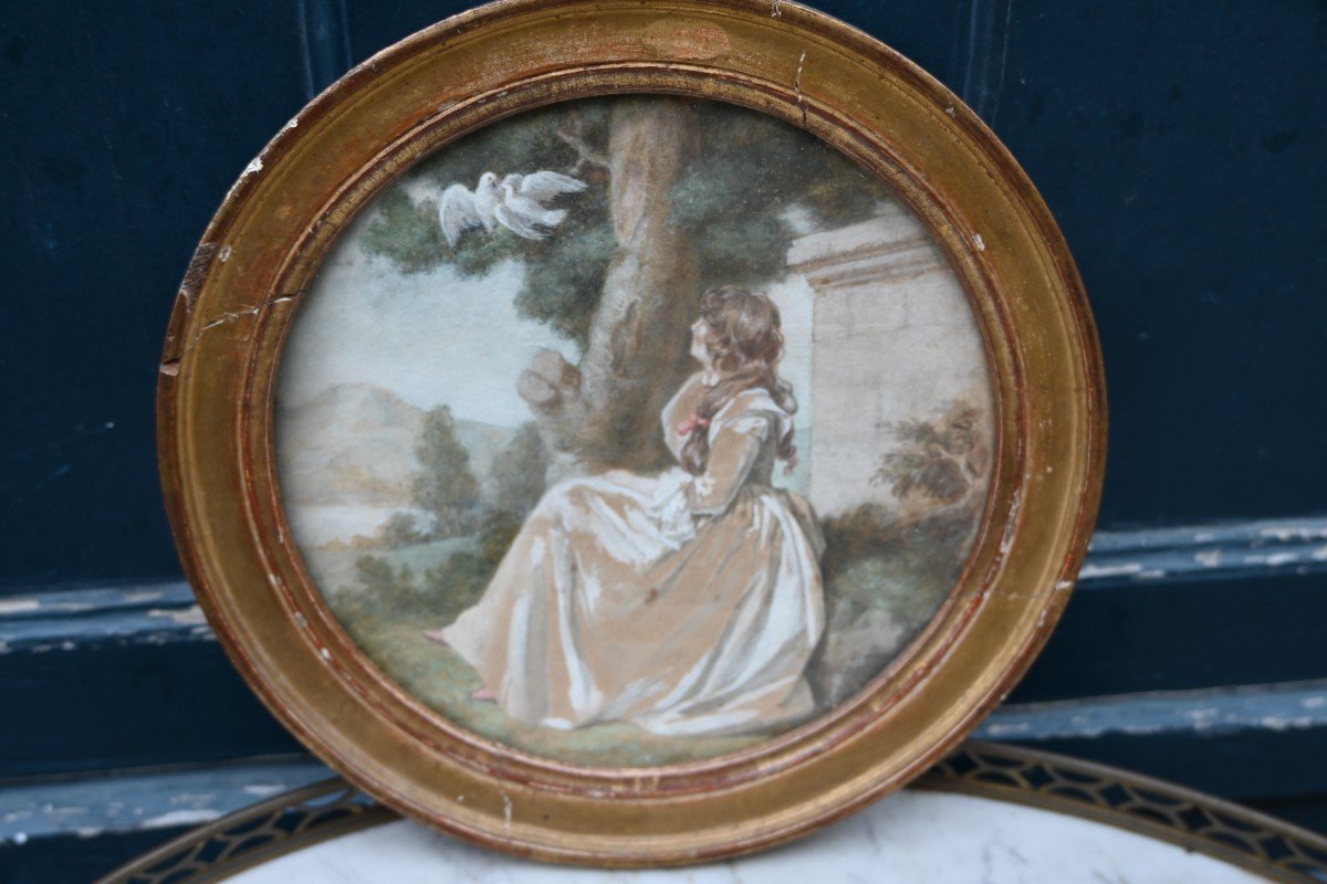 Gouache  Jeune Femme Dans Un Parc , Tondo D époque Louis XVI