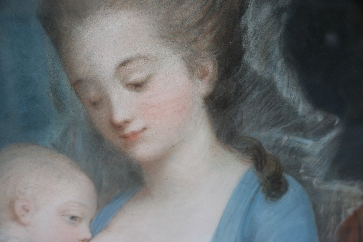 Pastel Du XVIII  Mère Et Enfant   époque Louis XVI-photo-3