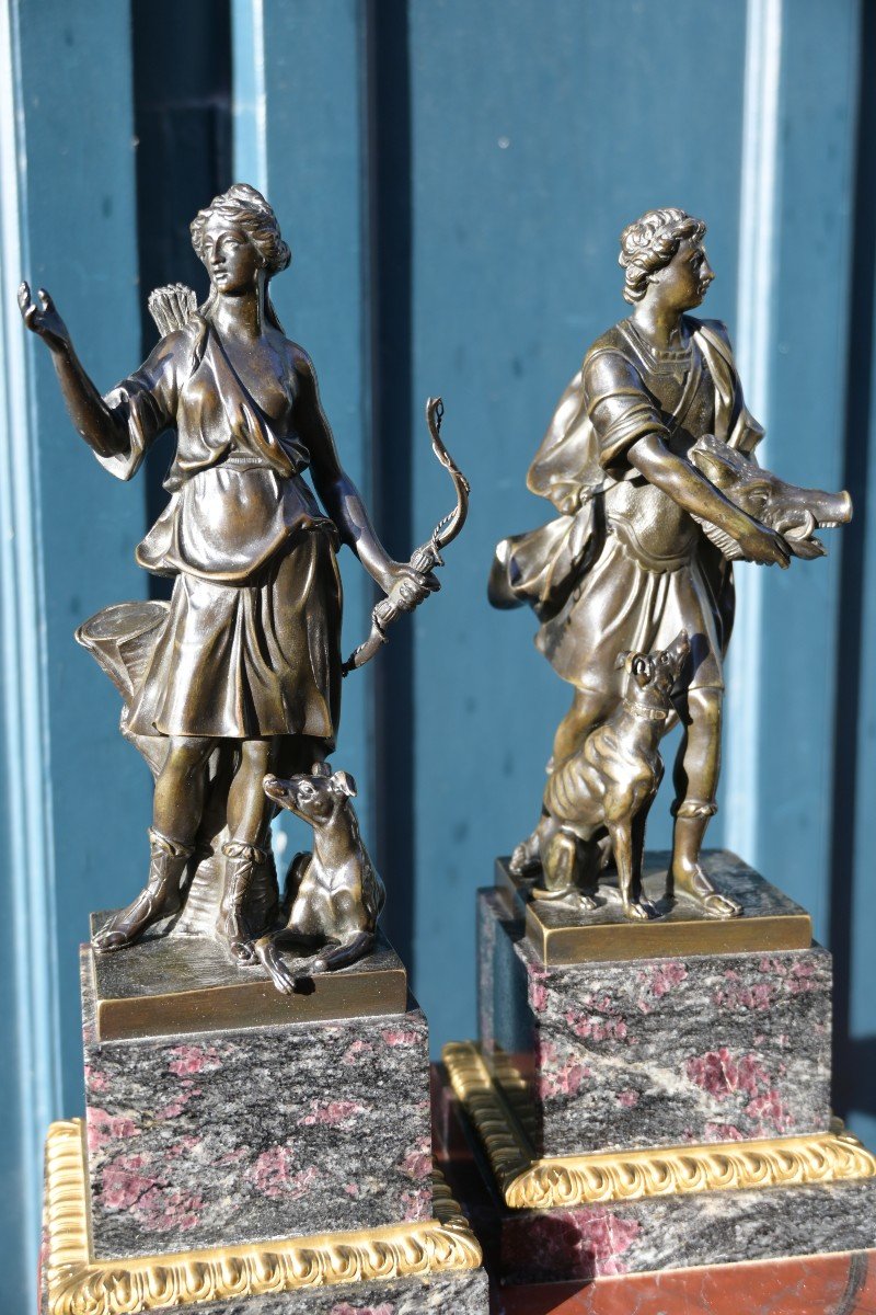 Rare Pair Of 18th Century Bronze Diana And Meleager After Gabriel Grupello