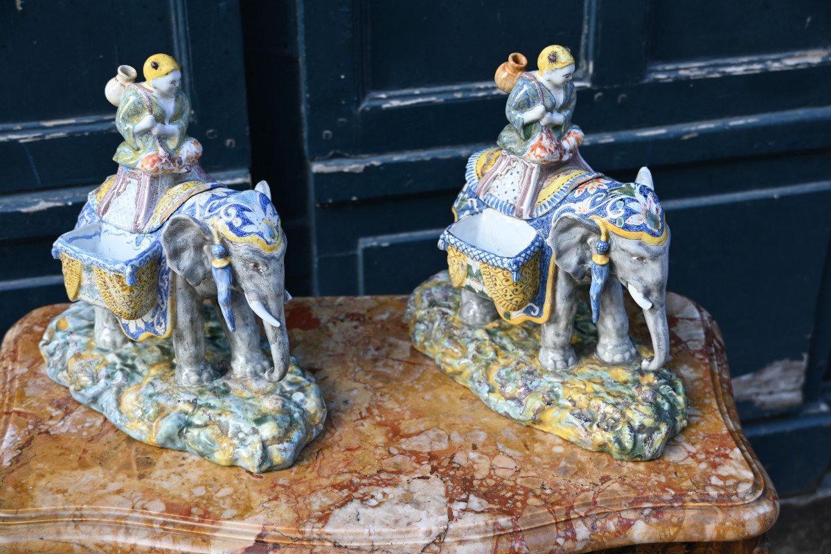 Pair Of Large Elephant And Mahout Statuettes XIX Bayeux-photo-2