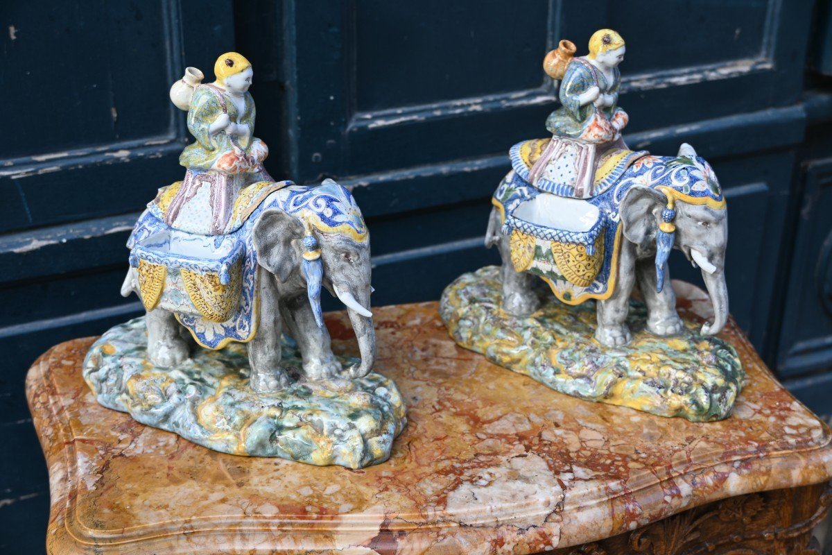 Pair Of Large Elephant And Mahout Statuettes XIX Bayeux-photo-6