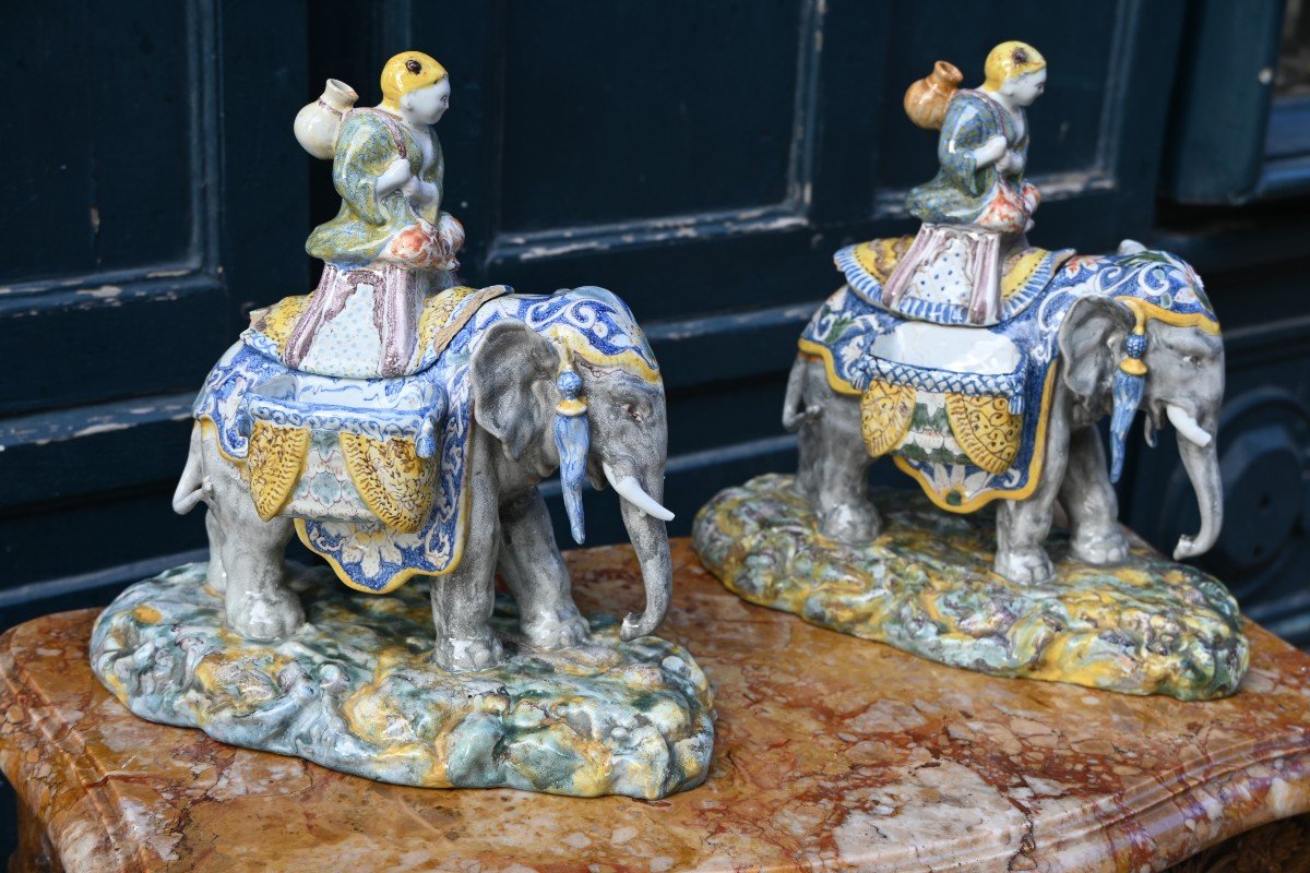 Pair Of Large Elephant And Mahout Statuettes XIX Bayeux