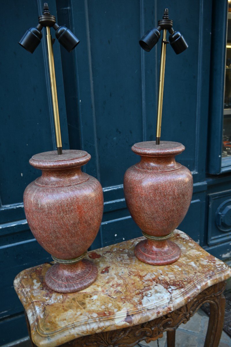 Paire De Lampes En Bois Patinées Faux Marbre-photo-2