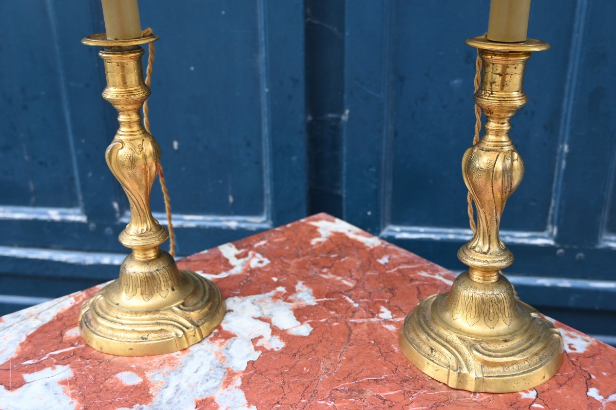 Pair Of Louis XV Period Gilt Bronze Candlesticks, Mounted As A Lamp-photo-2