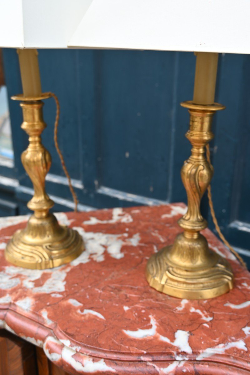 Pair Of Louis XV Period Gilt Bronze Candlesticks, Mounted As A Lamp-photo-3