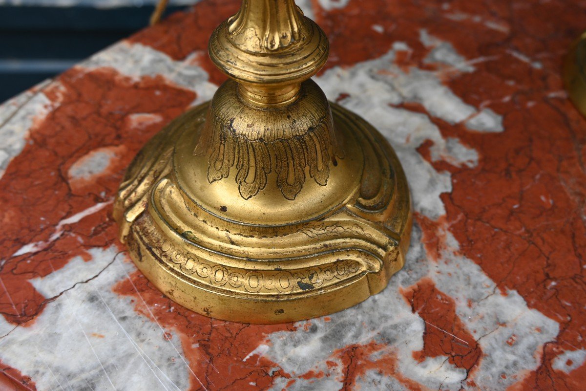 Pair Of Louis XV Period Gilt Bronze Candlesticks, Mounted As A Lamp-photo-4