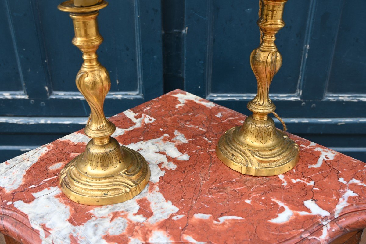 Pair Of Louis XV Period Gilt Bronze Candlesticks, Mounted As A Lamp-photo-1