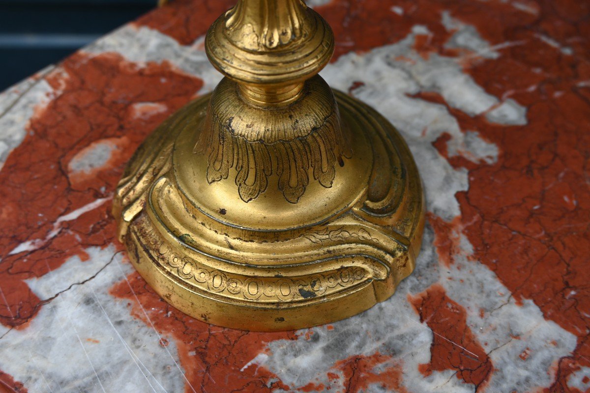 Pair Of Louis XV Period Gilt Bronze Candlesticks, Mounted As A Lamp-photo-2