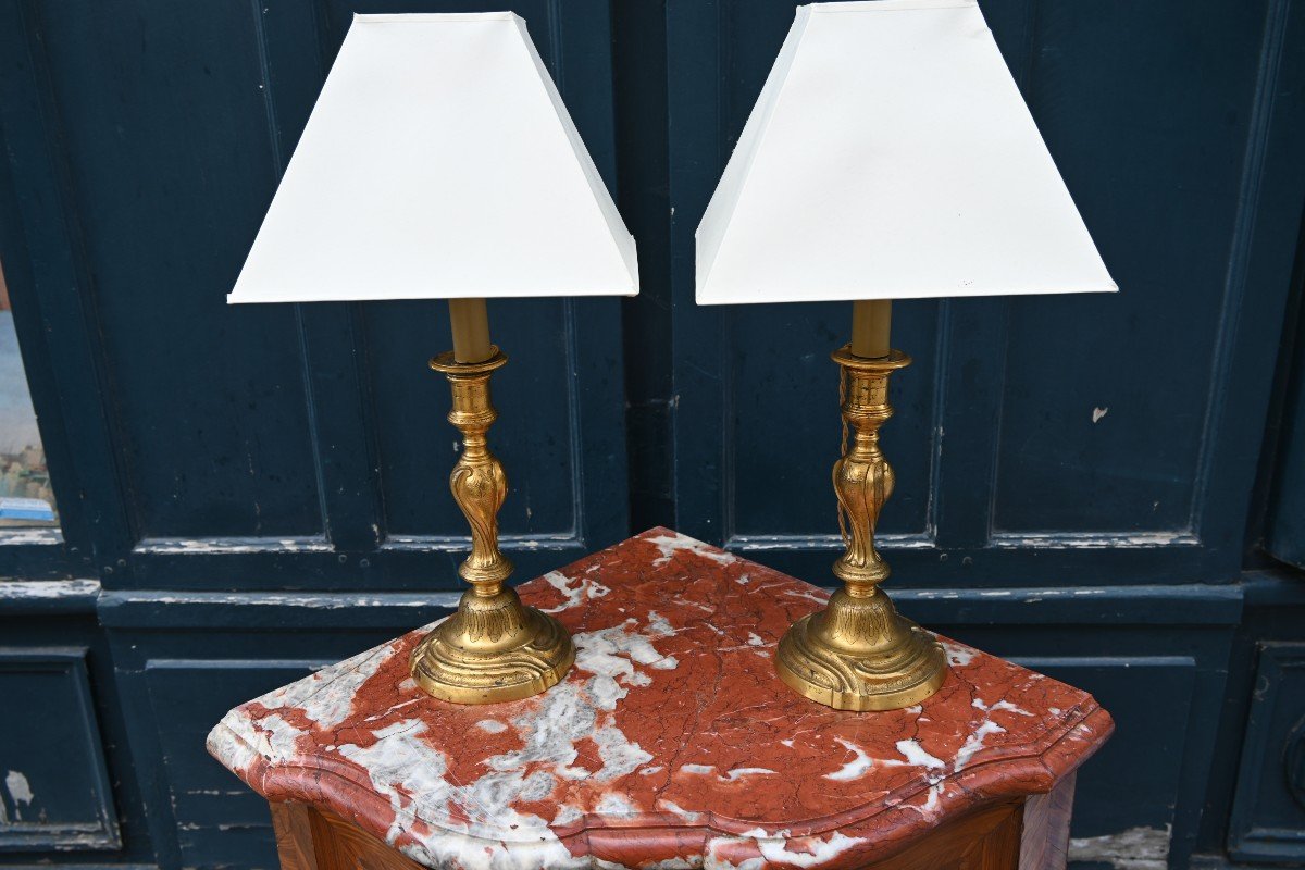 Pair Of Louis XV Period Gilt Bronze Candlesticks, Mounted As A Lamp