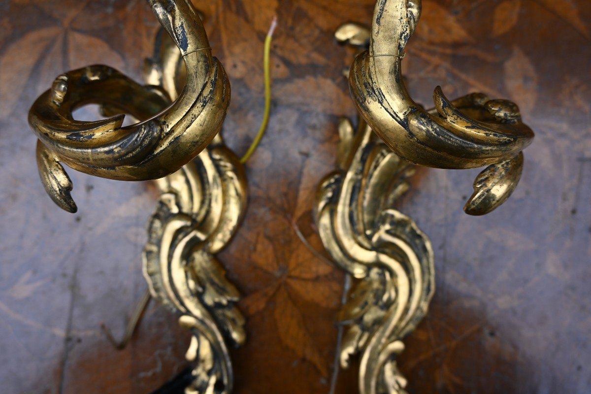 Pair Of Louis XV Style Bronze Single Arm Wall Lights, 19th Century-photo-4