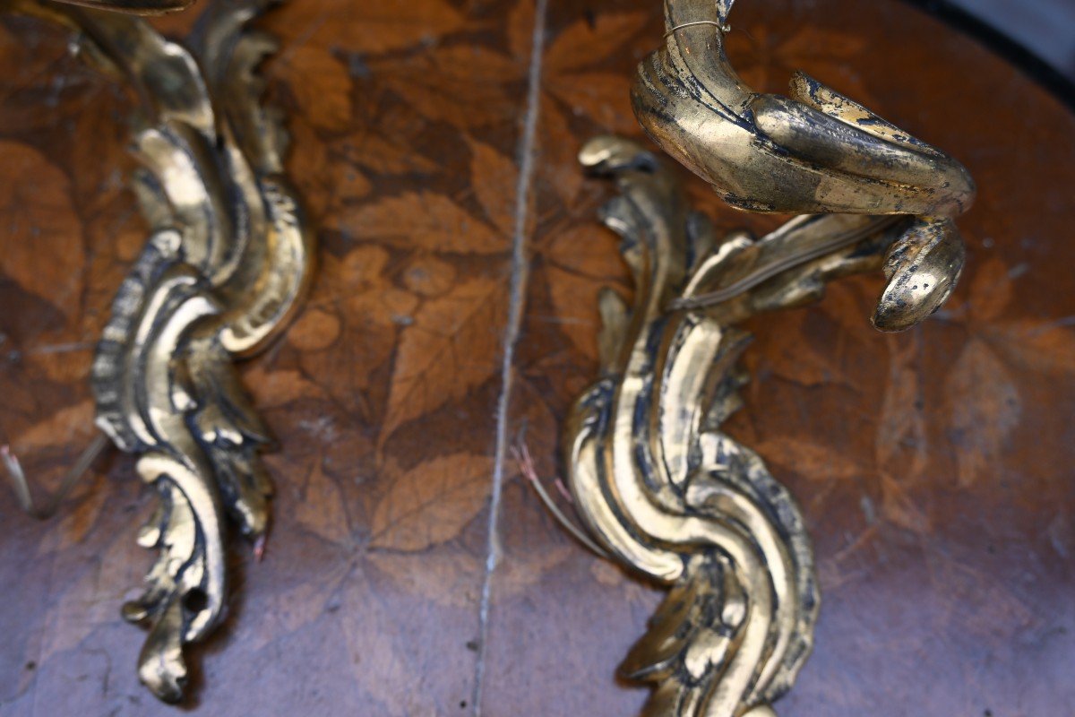 Pair Of Louis XV Style Bronze Single Arm Wall Lights, 19th Century-photo-1