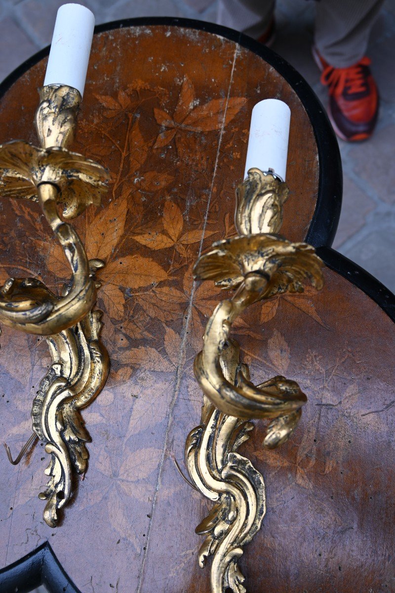 Pair Of Louis XV Style Bronze Single Arm Wall Lights, 19th Century-photo-6