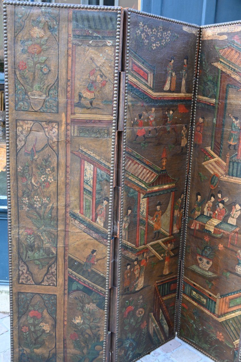 6-leaf Leather Screen Malines Chinese Decor XVIII-photo-2